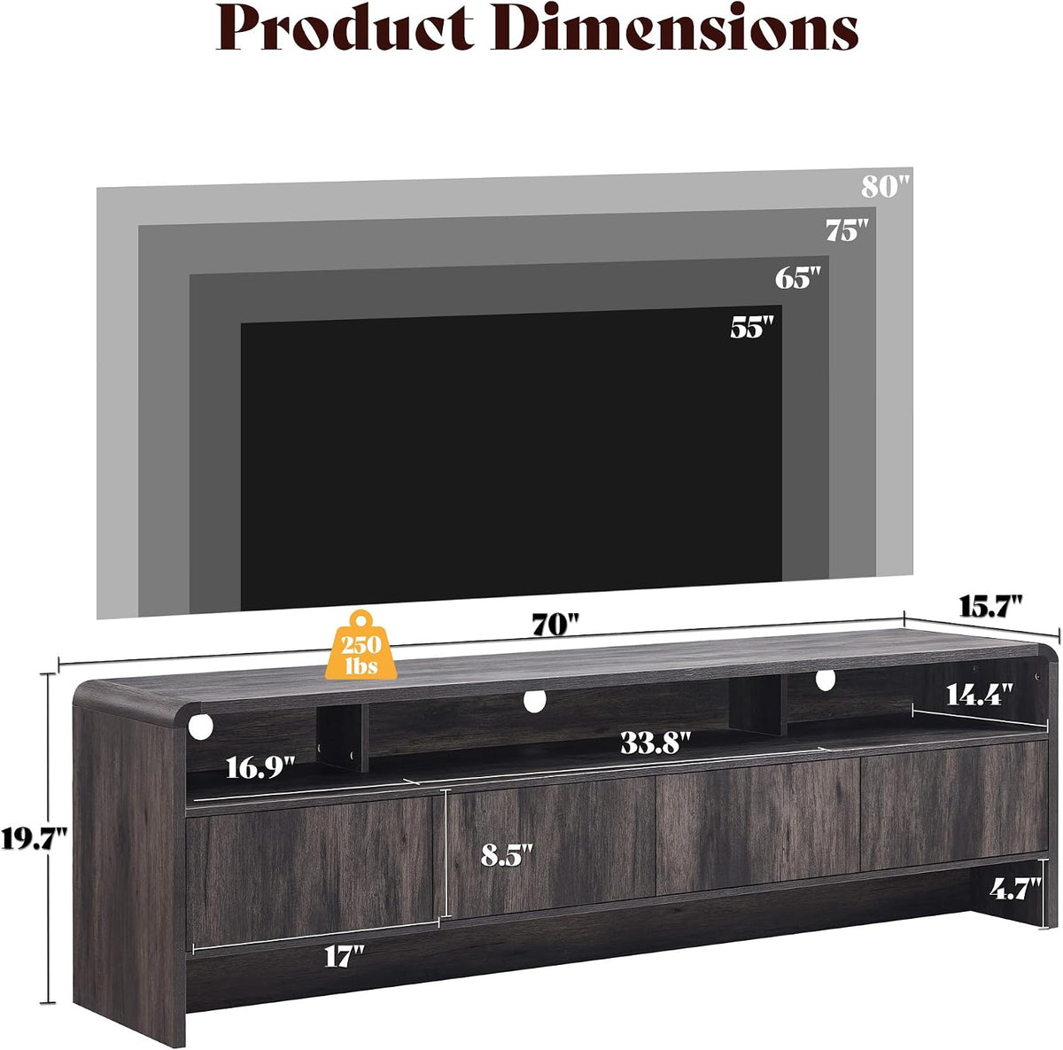 AMERLIFE 70" Modern Curved TV Stand with Storage for TVs Up to 80"