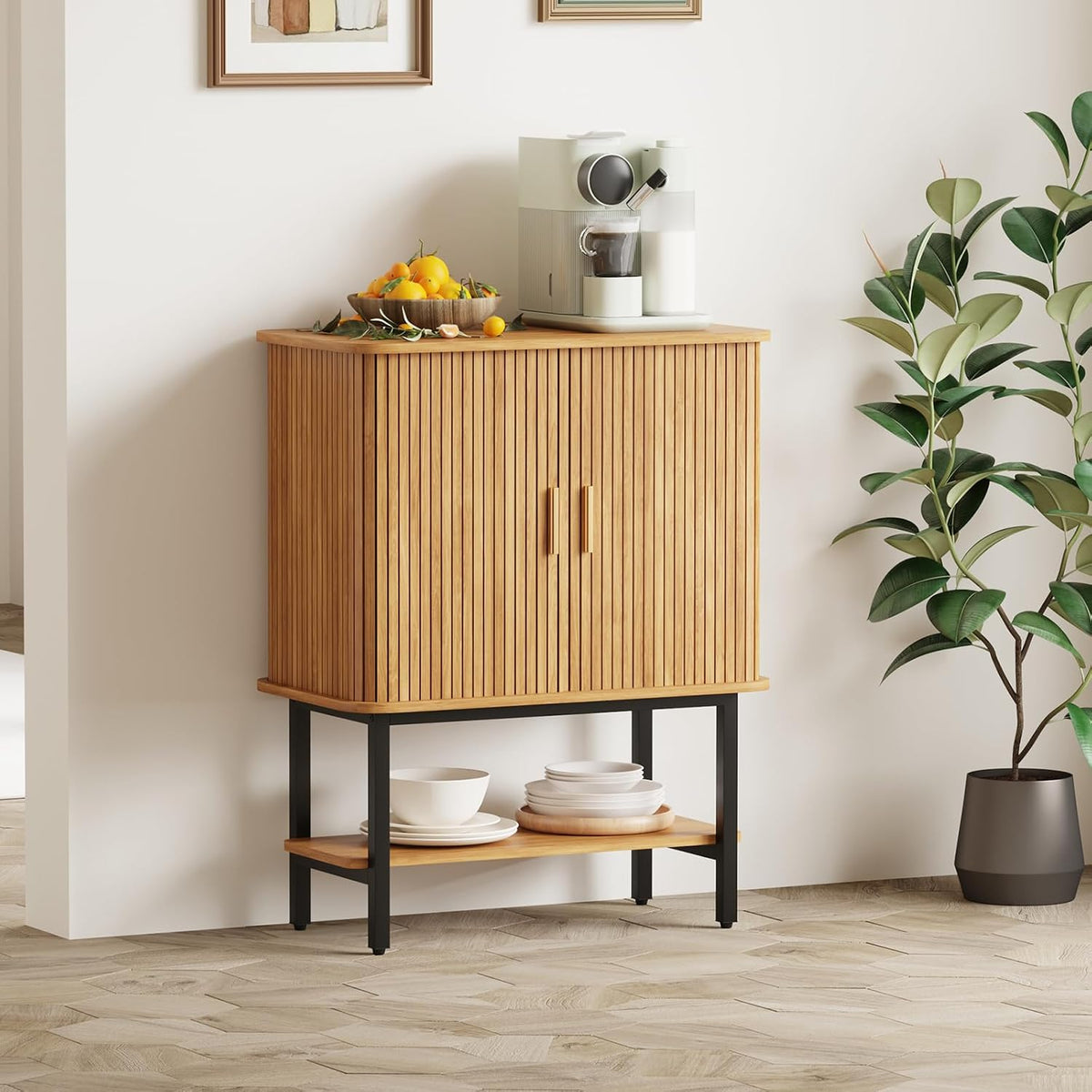 36'' Fluted Wine Bar Cabinet with Storage & Sliding Door Oak