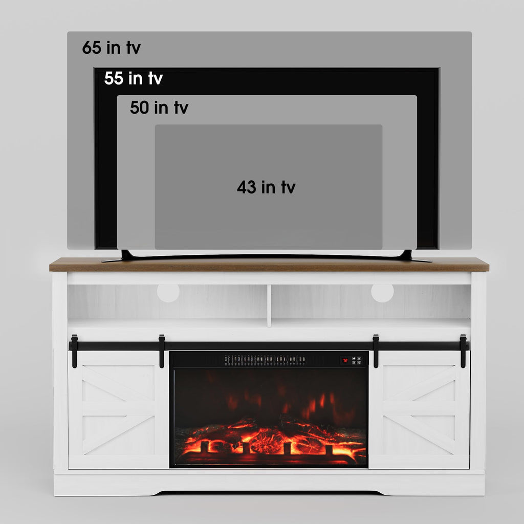 JUMMICO TV Stand for 65 Inch TV, Sliding Barn Doors, Bright White