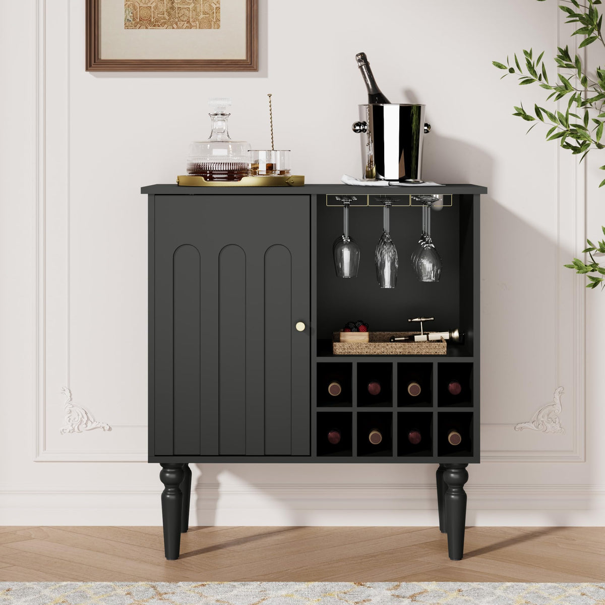 Arched Fluted Coffee Bar Cabinet with Storage& Wine Racks, Green