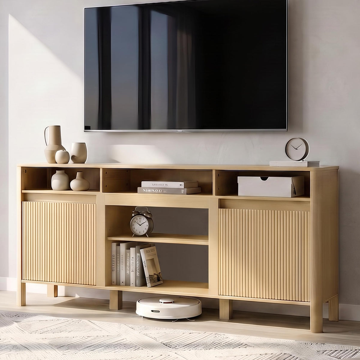 68" Mid Century Modern TV Stands for Living Room, Fulted TV Stand