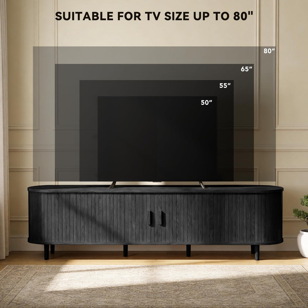 65" Mid Century Modern TV Stand with Power Outlet, Fluted Entertainment Center with Storage and Adjustable Shelves, Wood TV Console with Sliding Doors for Living Room, Walnut