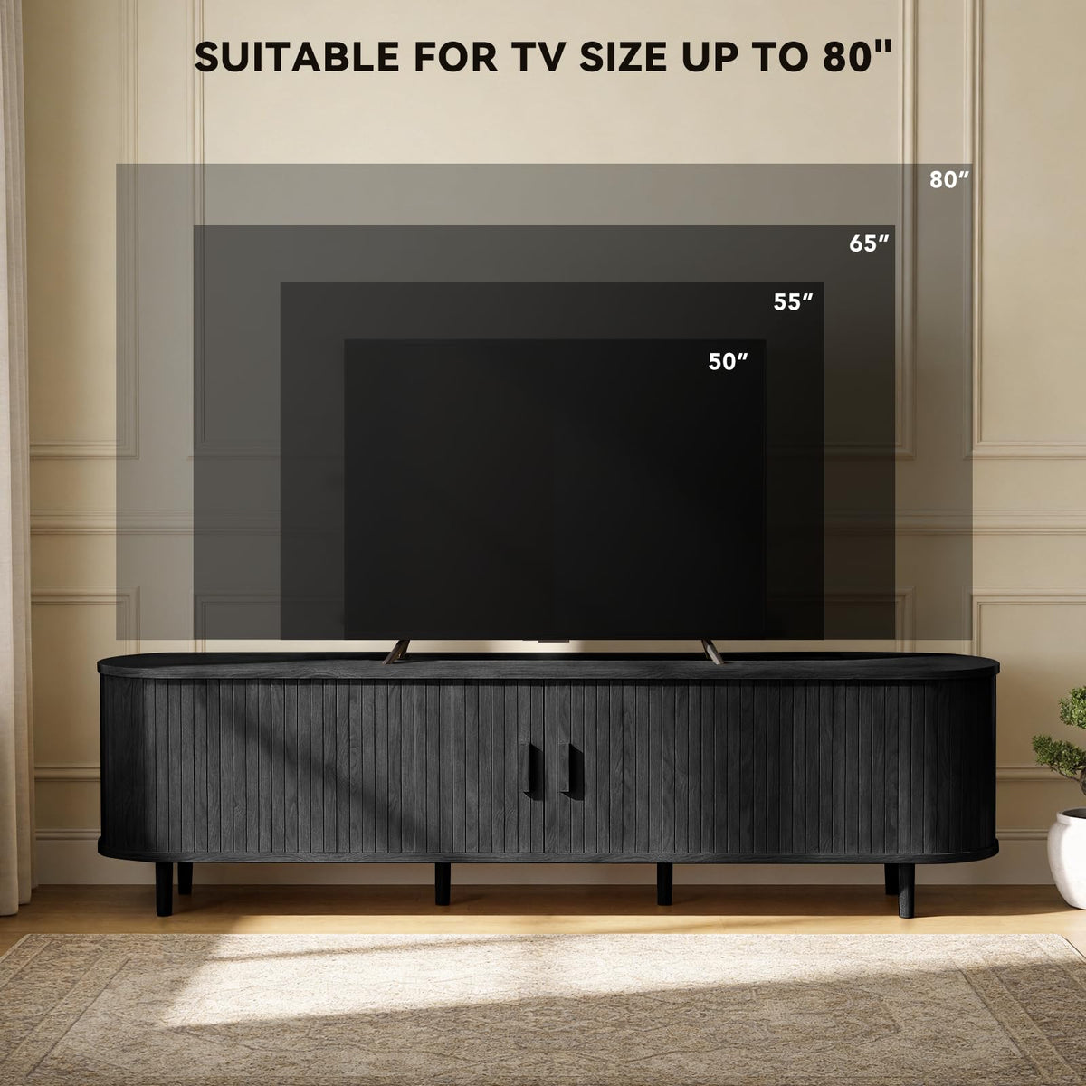 65" Mid Century Modern TV Stand with Power Outlet, Fluted Entertainment Center with Storage and Adjustable Shelves, Wood TV Console with Sliding Doors for Living Room, Walnut