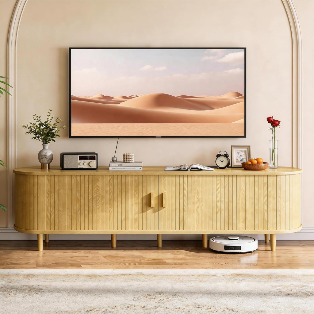 65" Mid Century Modern TV Stand with Power Outlet, Fluted Entertainment Center with Storage and Adjustable Shelves, Wood TV Console with Sliding Doors for Living Room, Walnut