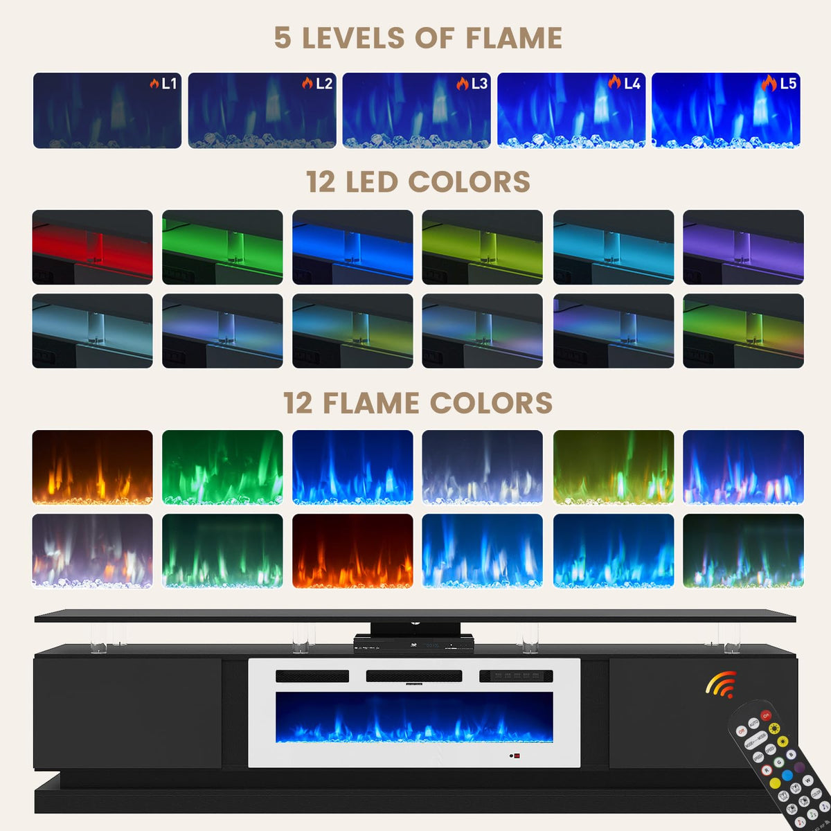 70" Fireplace TV Stand, Modern Entertainment Center