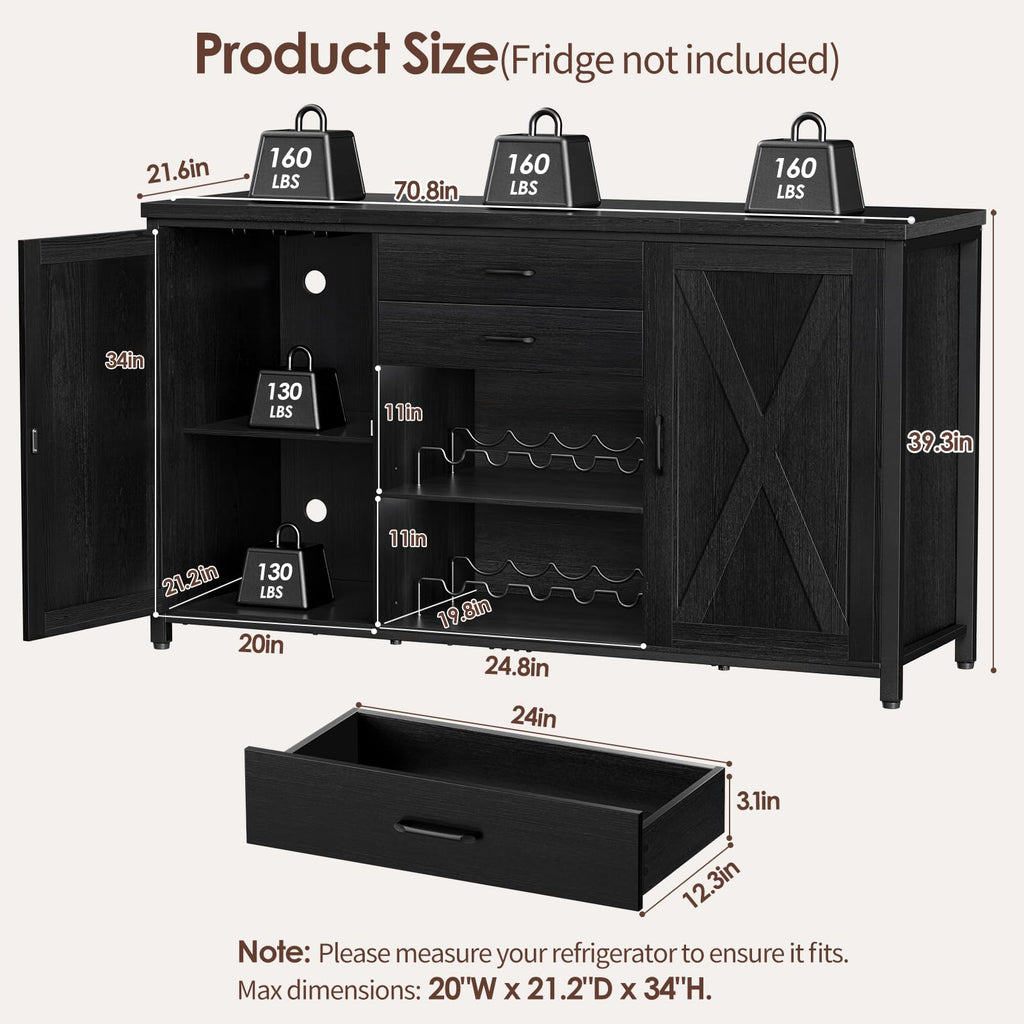 Leteuke Coffee Bar Cabinet with 2 Fridge Space, 70.8" Large Wine Cabinet
