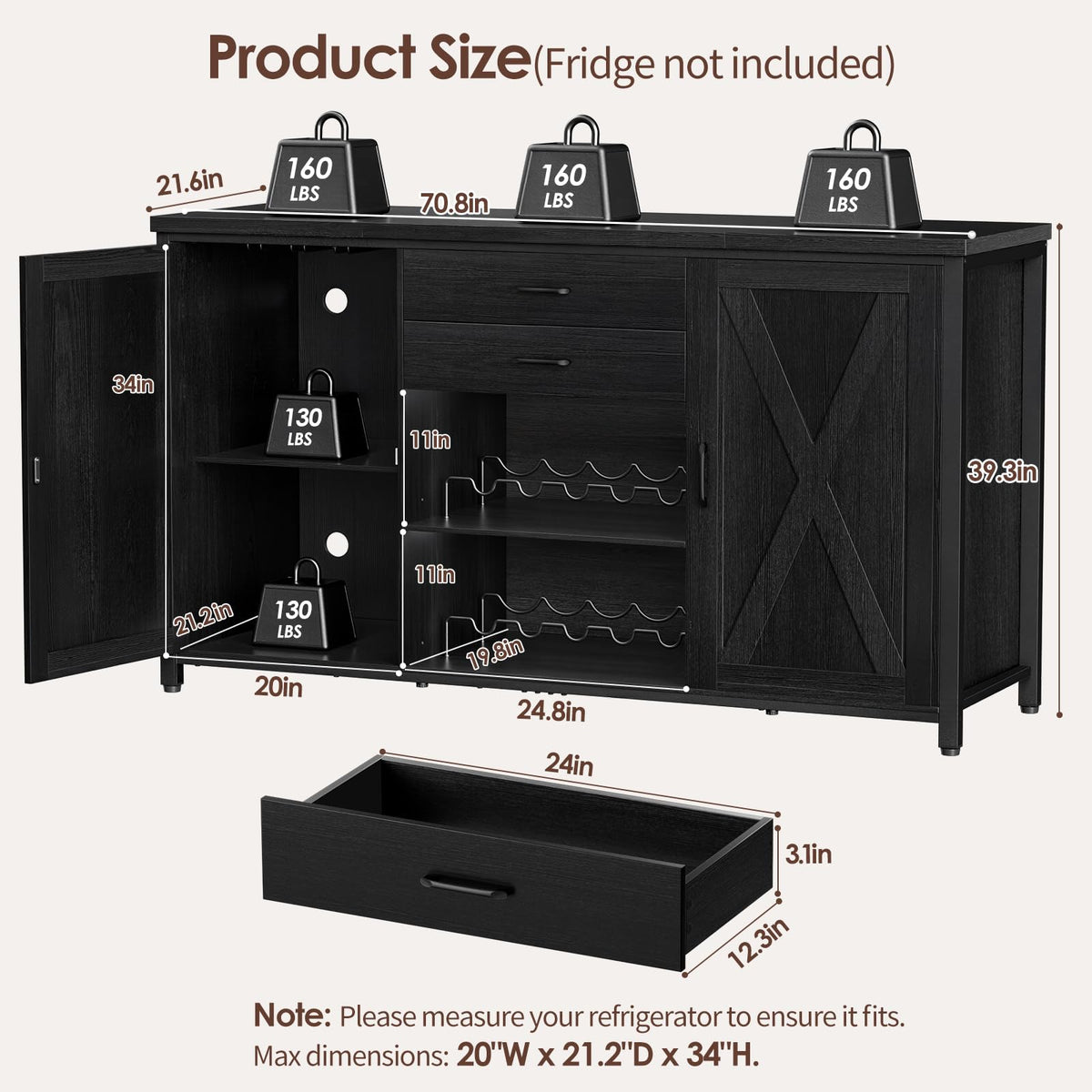 Leteuke Coffee Bar Cabinet with 2 Fridge Space, 70.8" Large Wine Cabinet