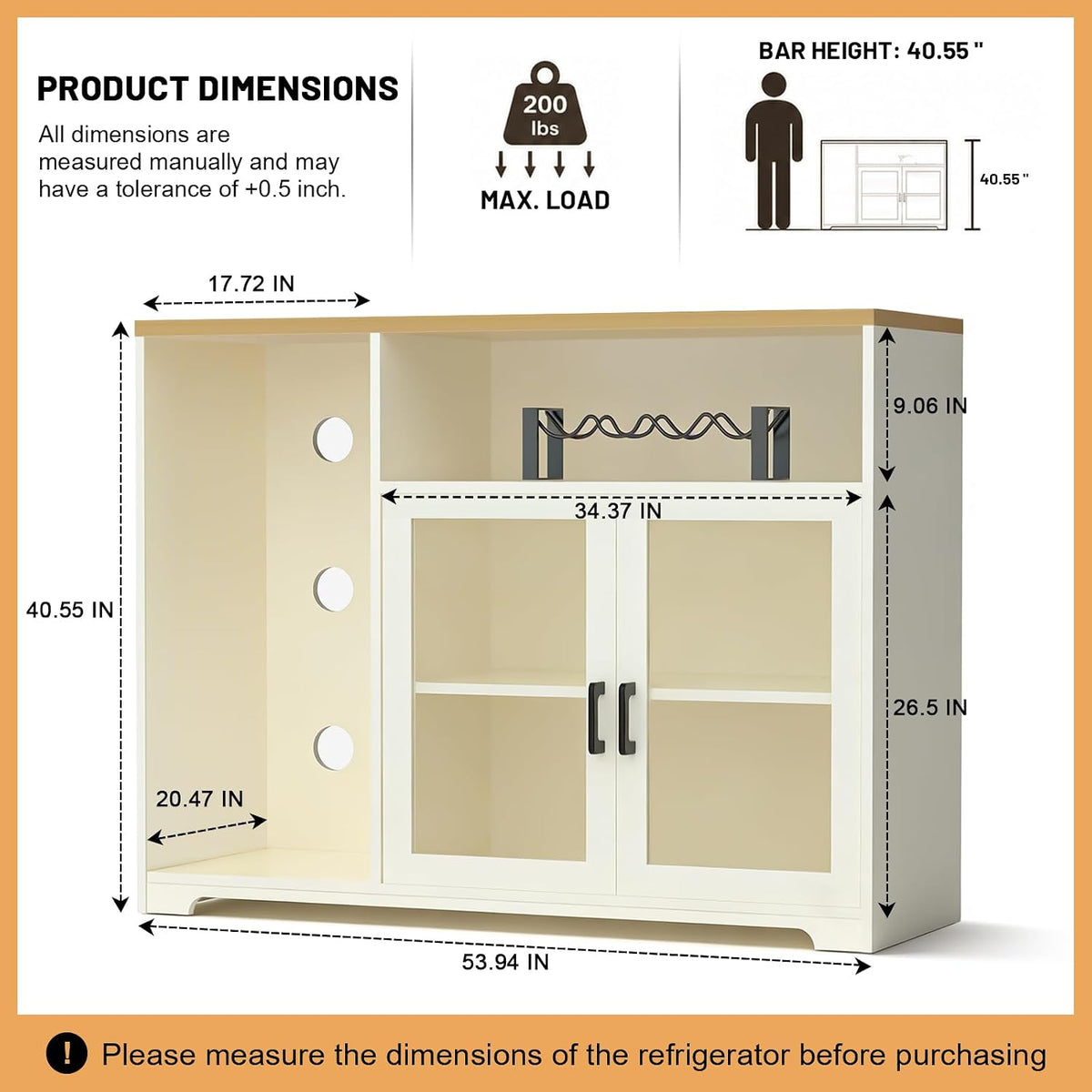 54â Coffee Bar Cabinet with Fridge Space, Smart LED Light, White