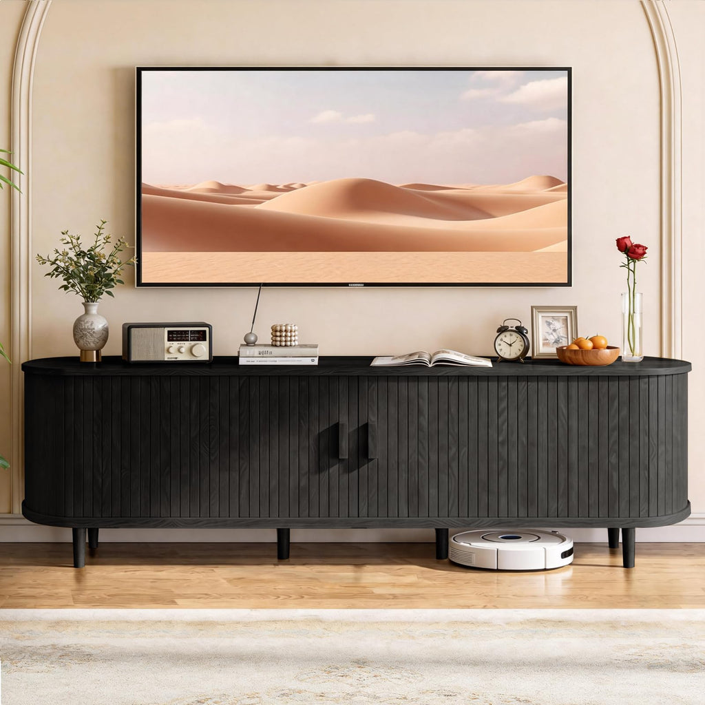 65" Mid Century Modern TV Stand with Power Outlet, Fluted Entertainment Center with Storage and Adjustable Shelves, Wood TV Console with Sliding Doors for Living Room, Walnut