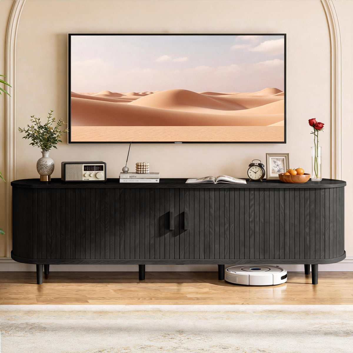 65" Mid Century Modern TV Stand with Power Outlet, Fluted Entertainment Center with Storage and Adjustable Shelves, Wood TV Console with Sliding Doors for Living Room, Walnut
