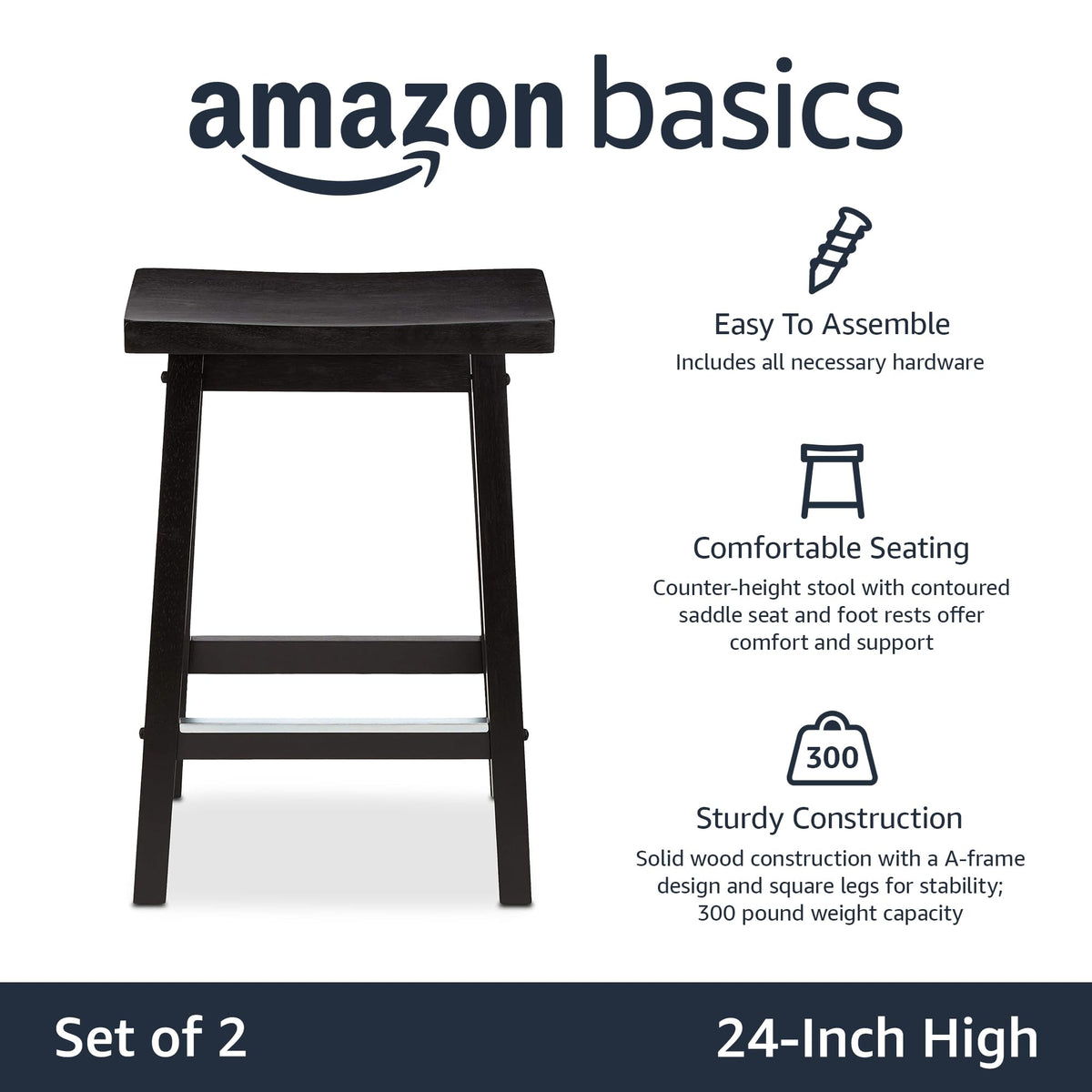 Amazon Basics Solid Wood Saddle-Seat Counter Height Bar Stools for Kitchen Island with Footrest, 24-Inch Height, Walnut, Set of 2