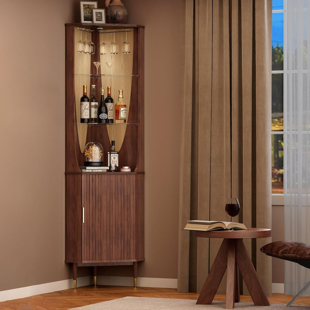 JOINICE Tall Corner Bar Cabinet for Liquor,Mid-Century Modern,Walnut,70"