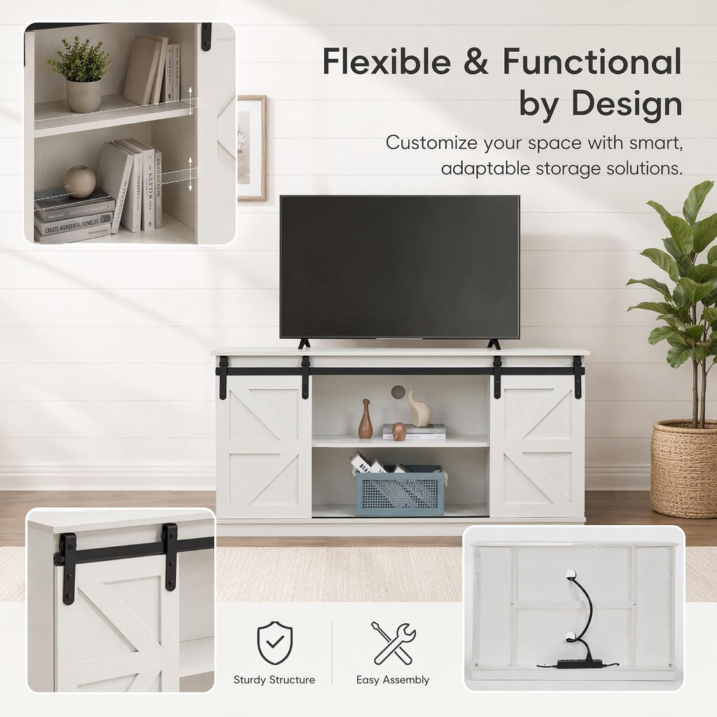 58'' Farmhouse TV Stand for Televisions up to 65 Inches, Entertainment Center with Sliding Barn Doors, White TV Consoles with Adjustable Shelves and Storage Cabinets for Living Room