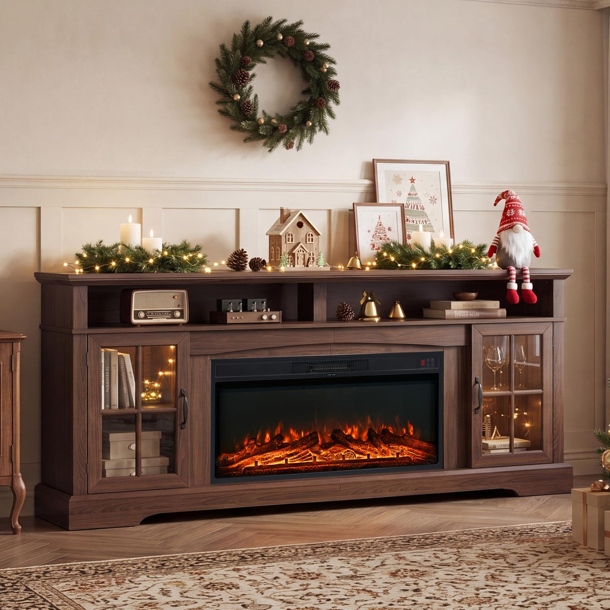 70" Farmhouse Fireplace TV Stand for TVs up to 80", Entertainment Center with 36" Electric Fireplace, LED Lights and Glass-Door Storage Cabinets, Brown