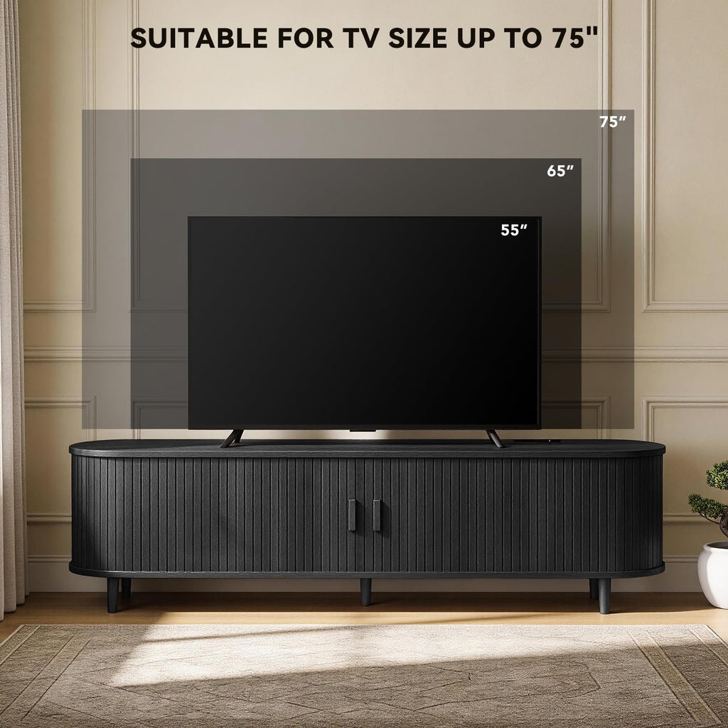 65" Mid Century Modern TV Stand with Power Outlet, Fluted Entertainment Center with Storage and Adjustable Shelves, Wood TV Console with Sliding Doors for Living Room, Walnut