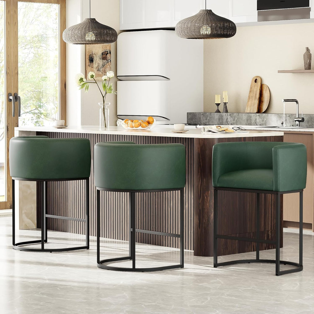 26" H Counter Height Bar Stools Set of 2, Modern Barrel Counter Stools with Backrest and Arms, Linen Fabric Upholstered Accent Barstools for Kitchen Island,Support 450 LBS (Beige)