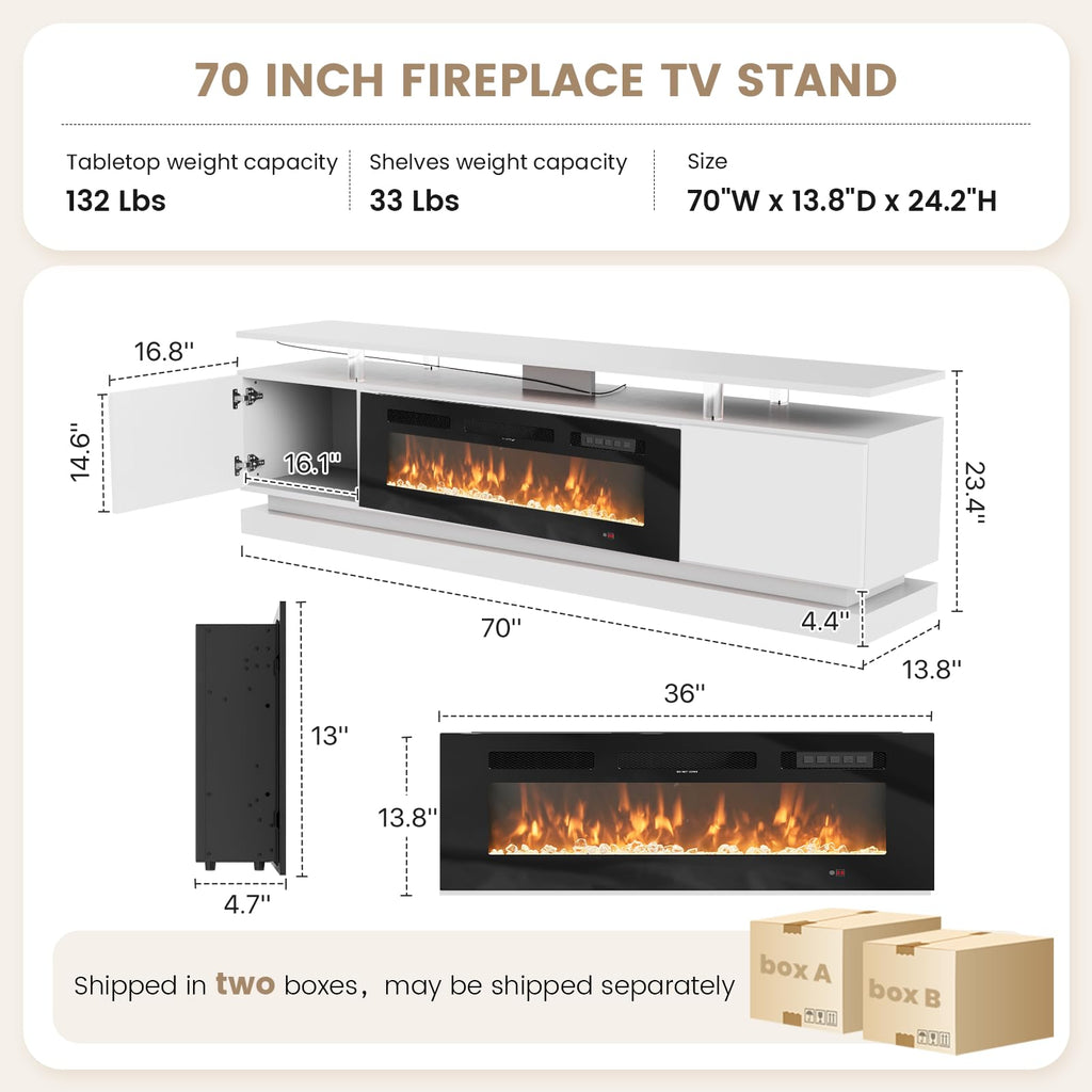 70" Fireplace TV Stand, Modern Entertainment Center