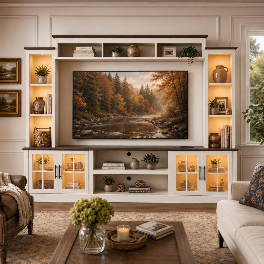 White Farmhouse TV Stand, Entertainment Center, 98" Wall Unit Media Console with Bookshelf, Cabinet & Power Outlets & Barn Doors, Fits TVs Up to 75â for Living Room