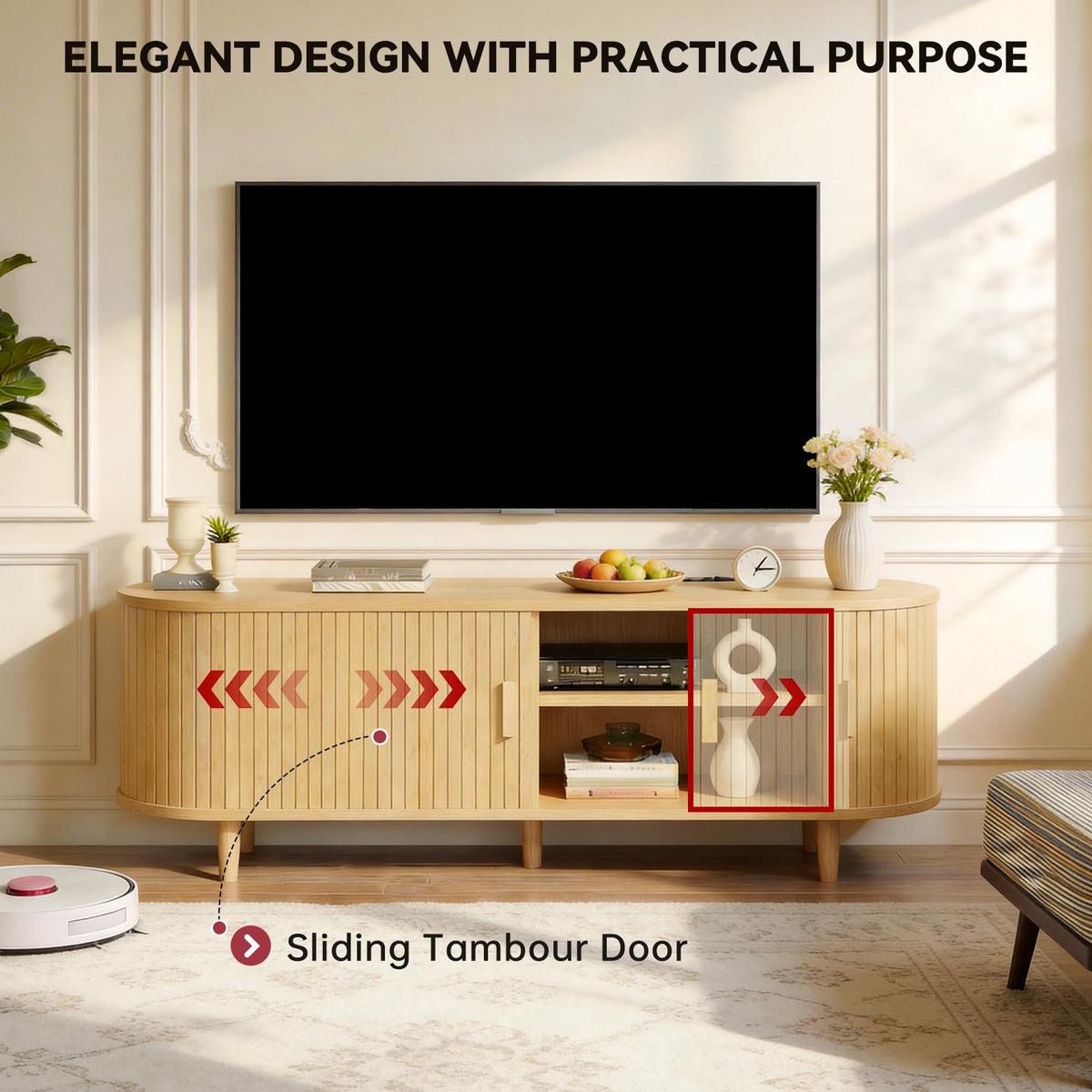 65" Mid Century Modern TV Stand with Power Outlet, Fluted Entertainment Center with Storage and Adjustable Shelves, Wood TV Console with Sliding Doors for Living Room, Walnut