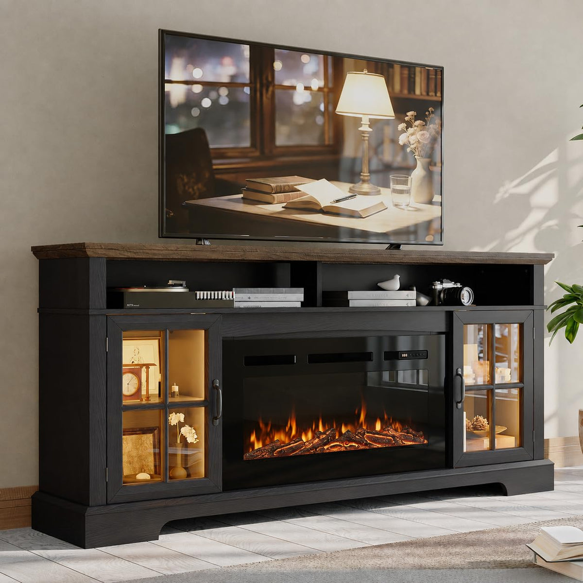 70" Farmhouse Fireplace TV Stand for TVs up to 80", Entertainment Center with 36" Electric Fireplace, LED Lights and Glass-Door Storage Cabinets, Brown