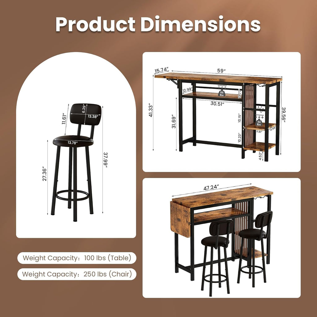 Bar Table and Chairs Set, 59'' Counter Height Dining Table Set with Storage