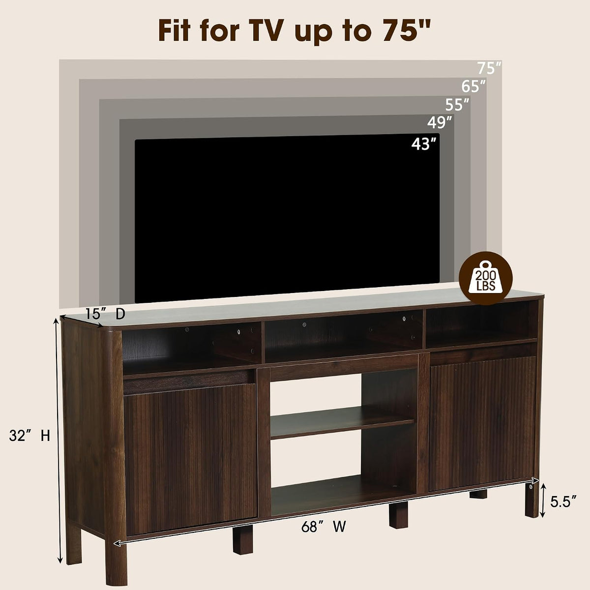 68" Mid Century Modern TV Stands for Living Room, Fulted TV Stand