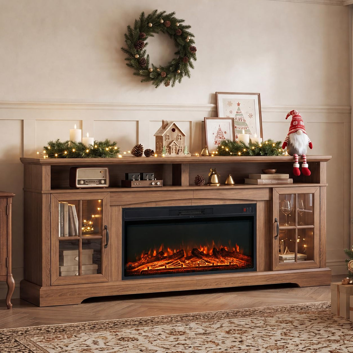 70" Farmhouse Fireplace TV Stand for TVs up to 80", Entertainment Center with 36" Electric Fireplace, LED Lights and Glass-Door Storage Cabinets, Brown