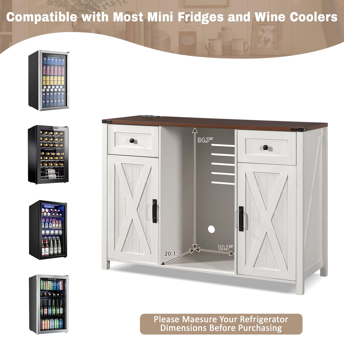 53.2" Farmhouse Fridge Cabinet, Coffee Bar Cabinet, Black