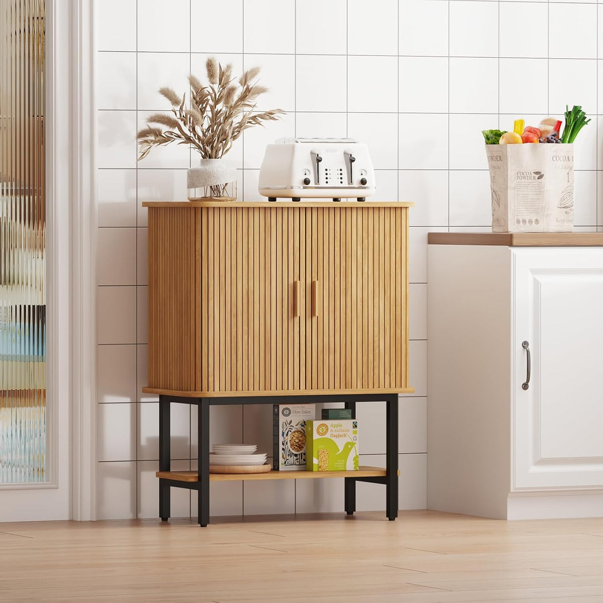 36'' Fluted Wine Bar Cabinet with Storage & Sliding Door Oak