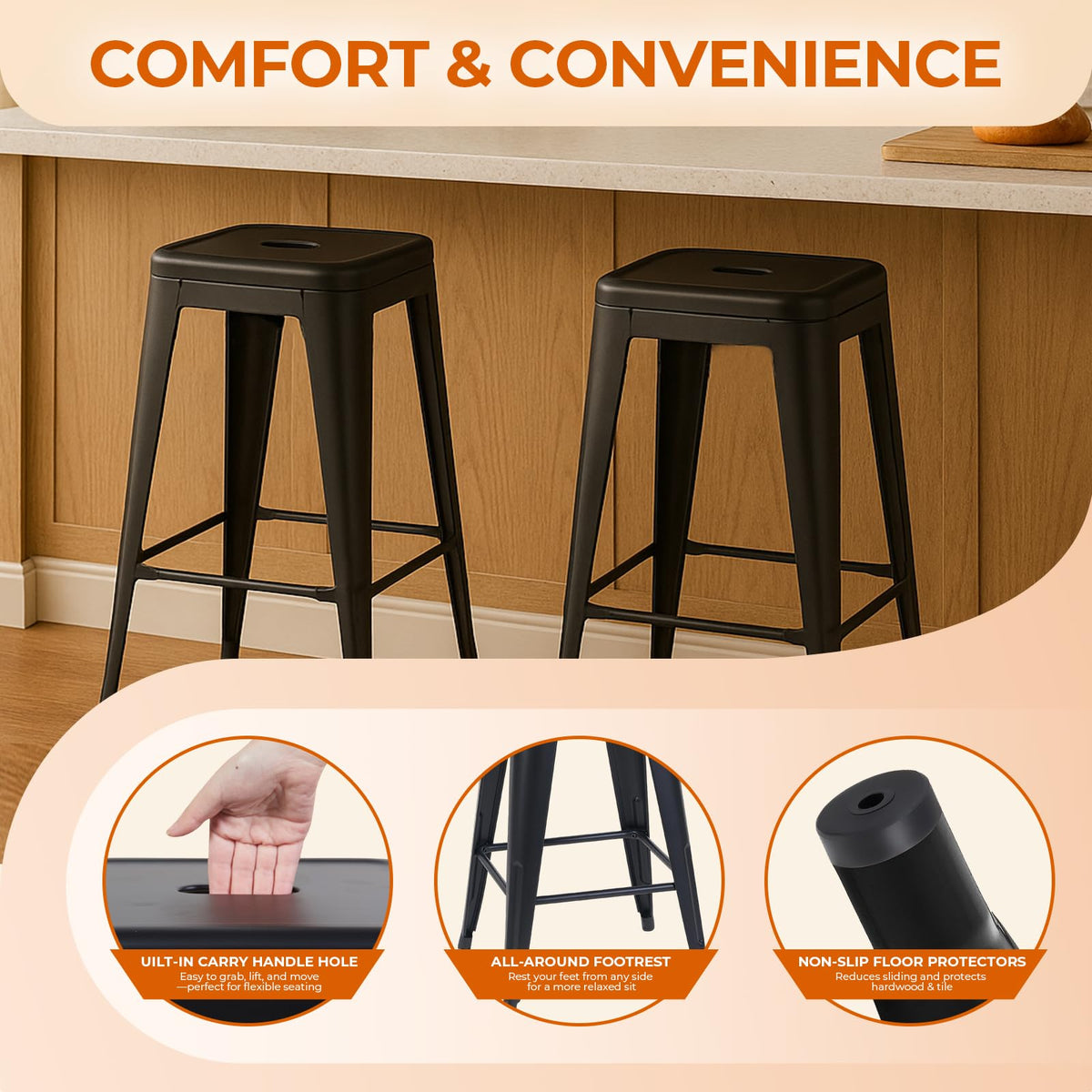 Midnight Black Metal Bar Stools Set of 4,30 Inch