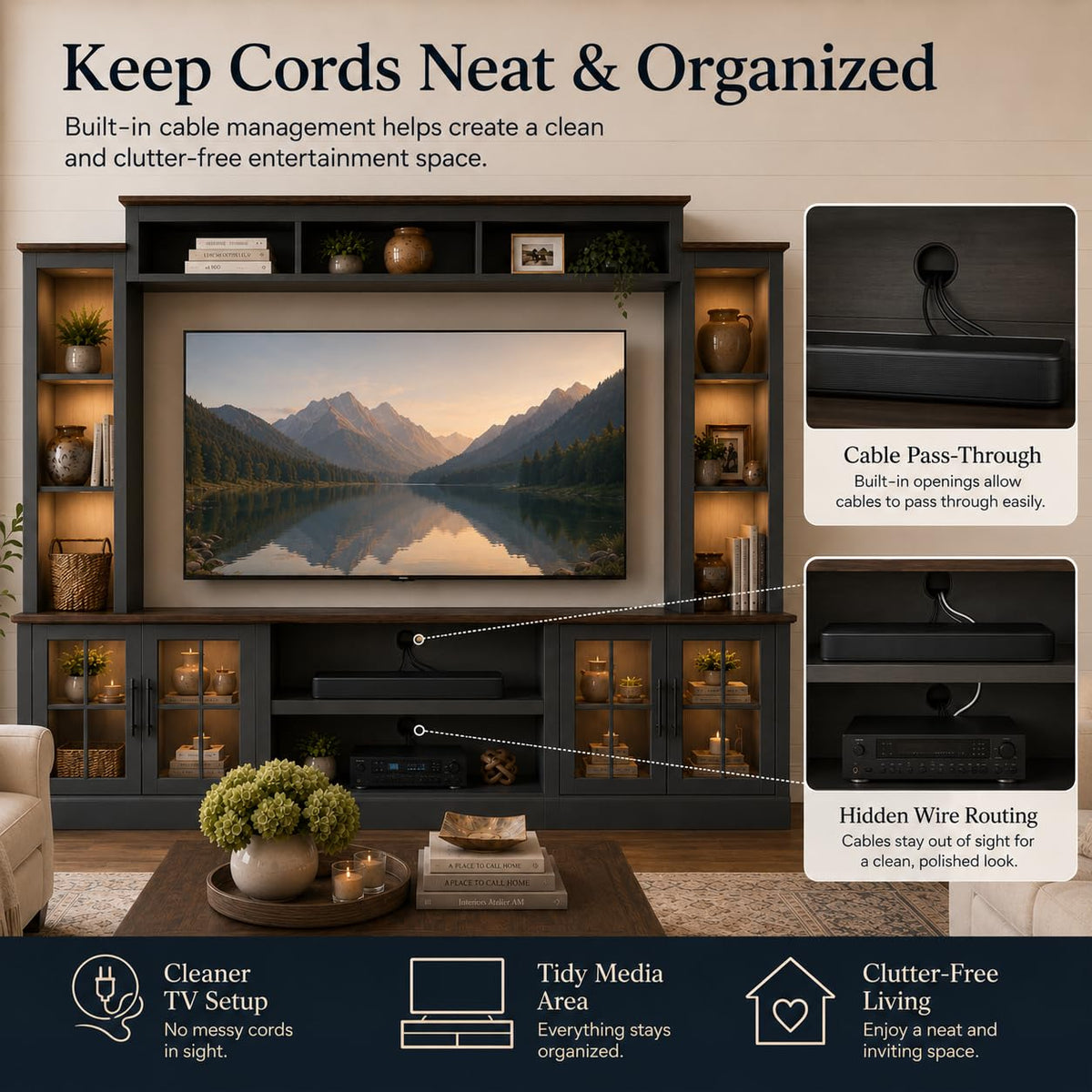White Farmhouse TV Stand, Entertainment Center, 98" Wall Unit Media Console with Bookshelf, Cabinet & Power Outlets & Barn Doors, Fits TVs Up to 75â for Living Room