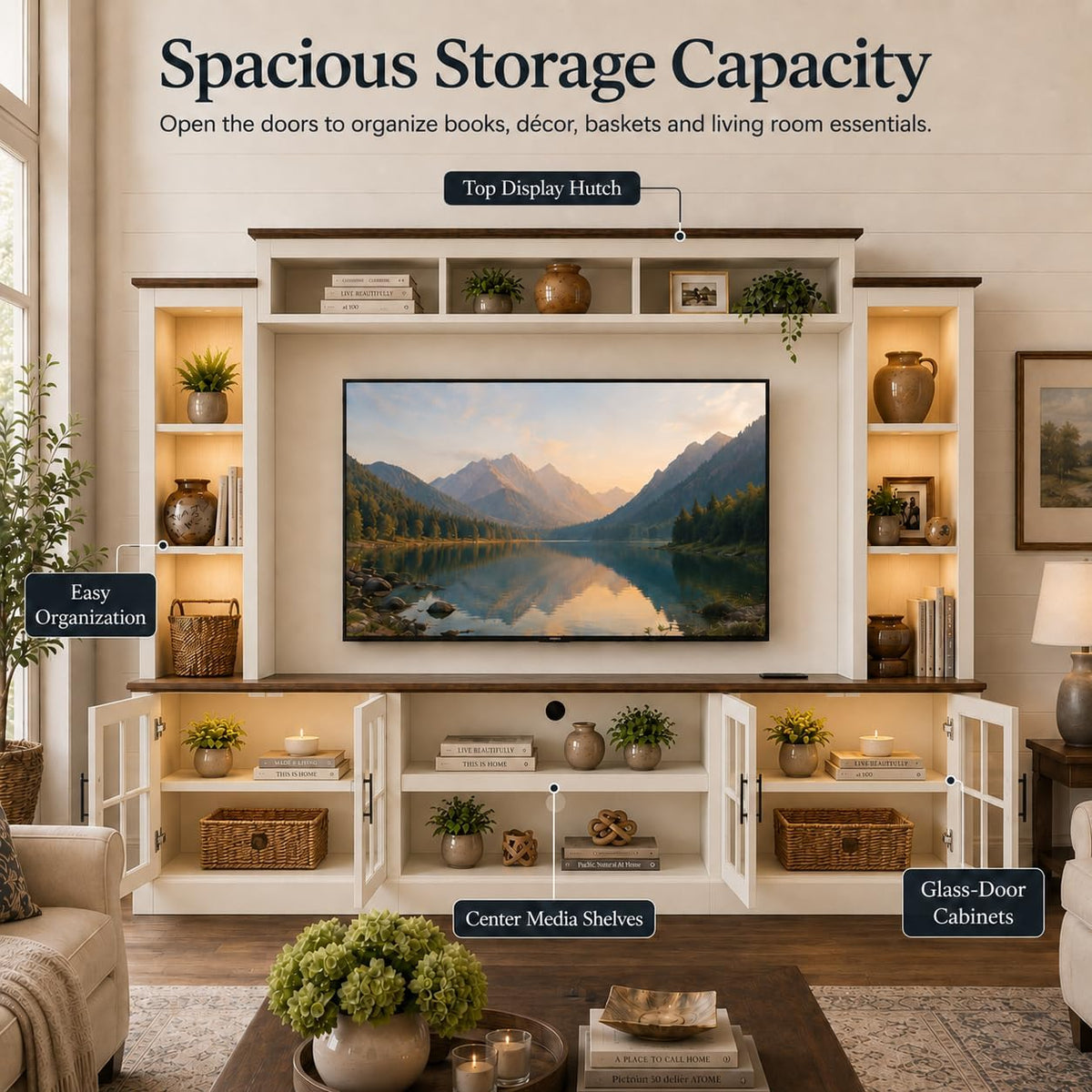 White Farmhouse TV Stand, Entertainment Center, 98" Wall Unit Media Console with Bookshelf, Cabinet & Power Outlets & Barn Doors, Fits TVs Up to 75â for Living Room
