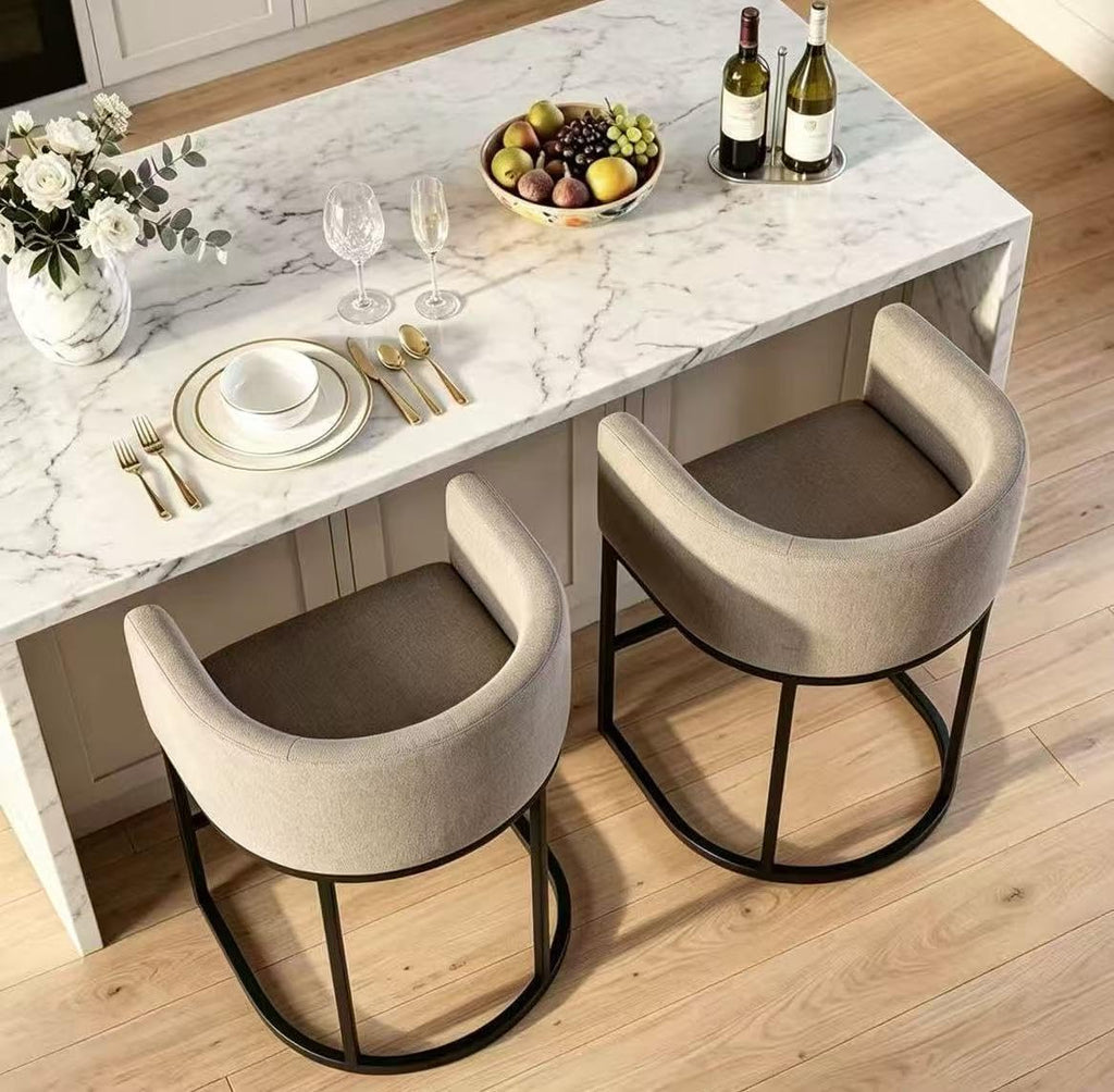 26" H Counter Height Bar Stools Set of 2, Modern Barrel Counter Stools with Backrest and Arms, Linen Fabric Upholstered Accent Barstools for Kitchen Island,Support 450 LBS (Beige)