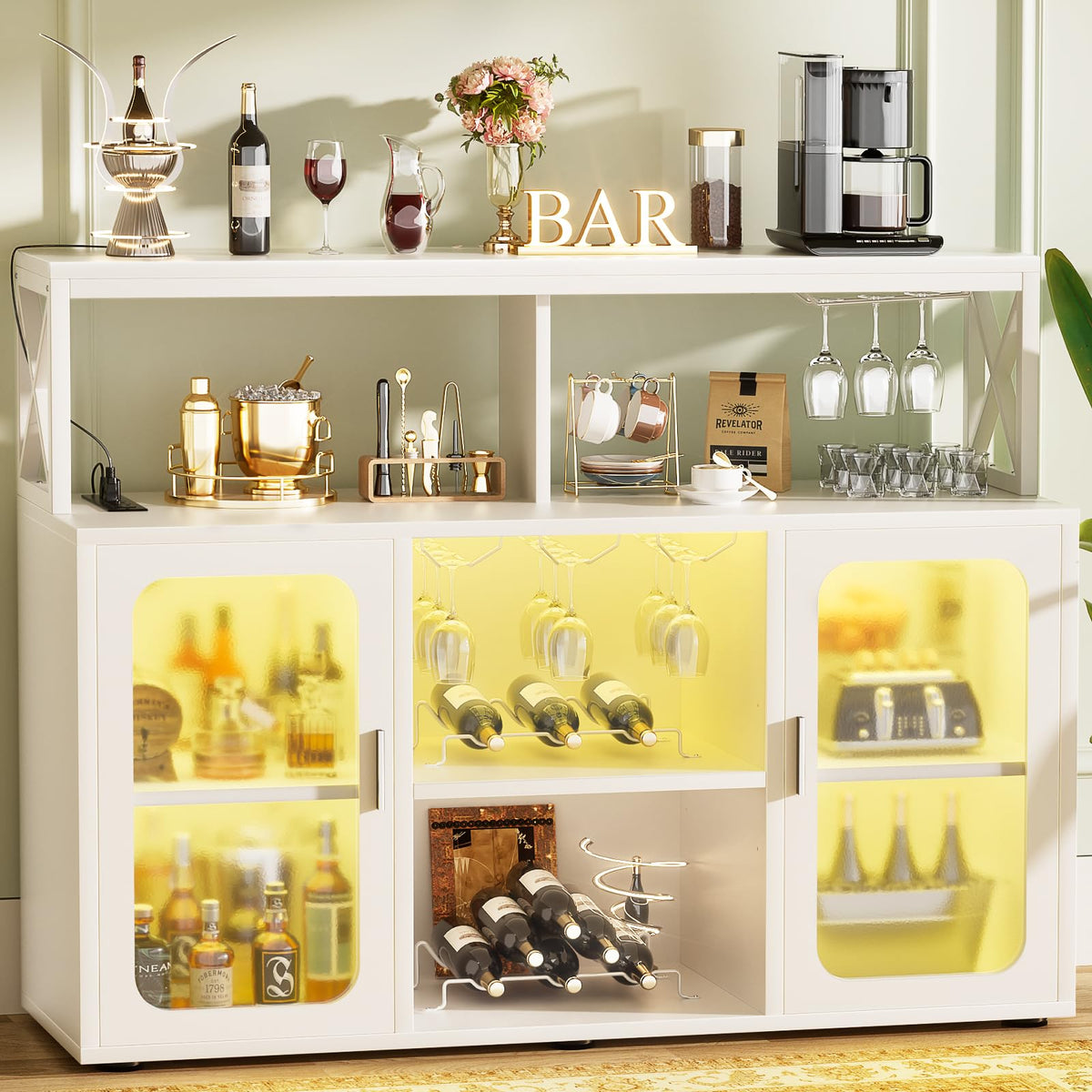 Aheaplus Bar Cabinet with Power Outlets, Liquor Cabinet with Led Lights and Glass Holder, Storage Buffet Cabinet Coffee Bar Cabinet for Liquor, Wine Cabinet with Racks -G2, Black