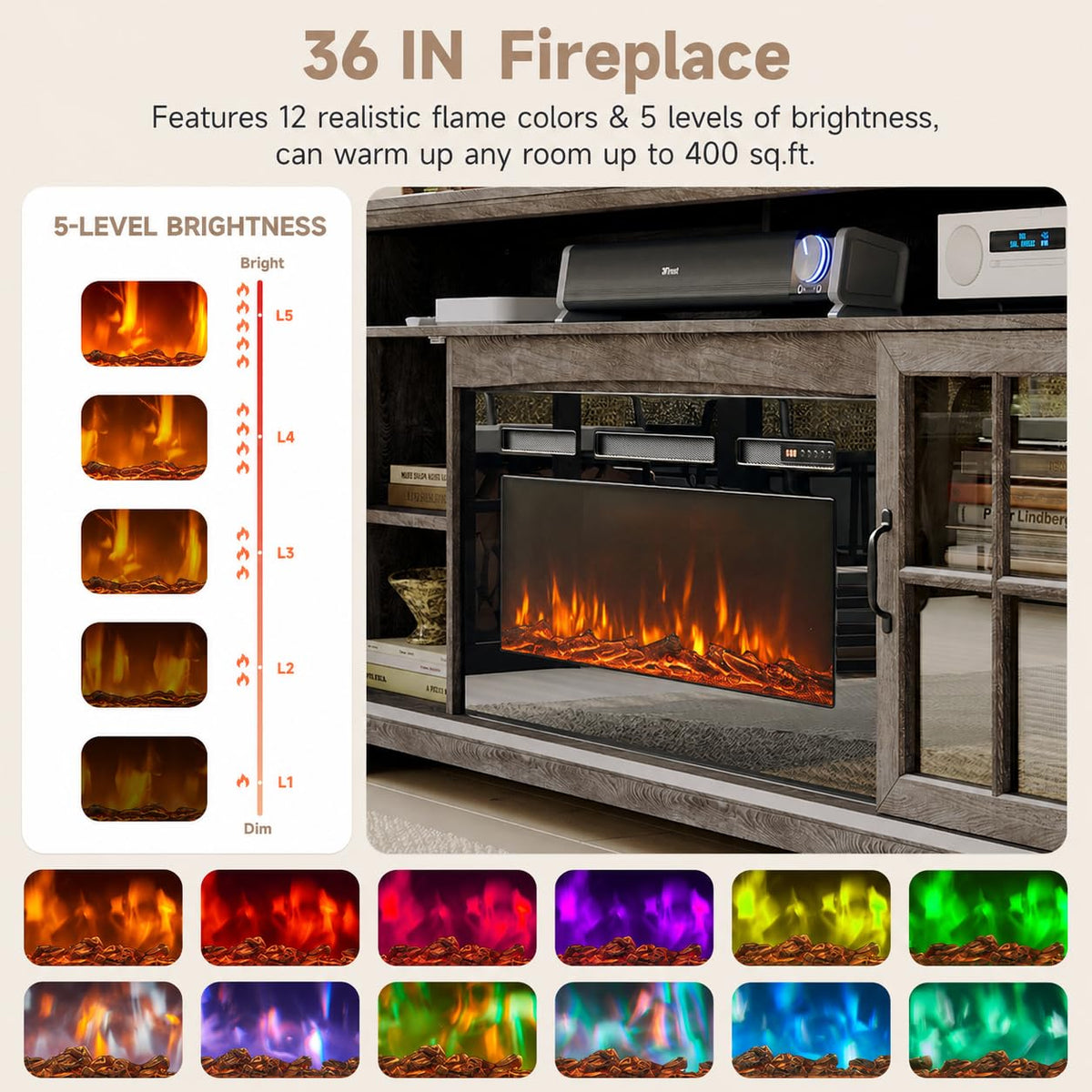 70" Farmhouse Fireplace TV Stand for TVs up to 80", Entertainment Center with 36" Electric Fireplace, LED Lights and Glass-Door Storage Cabinets, Brown