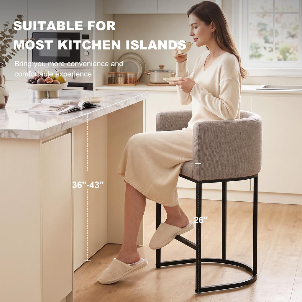 26" H Counter Height Bar Stools Set of 2, Modern Barrel Counter Stools with Backrest and Arms, Linen Fabric Upholstered Accent Barstools for Kitchen Island,Support 450 LBS (Beige)