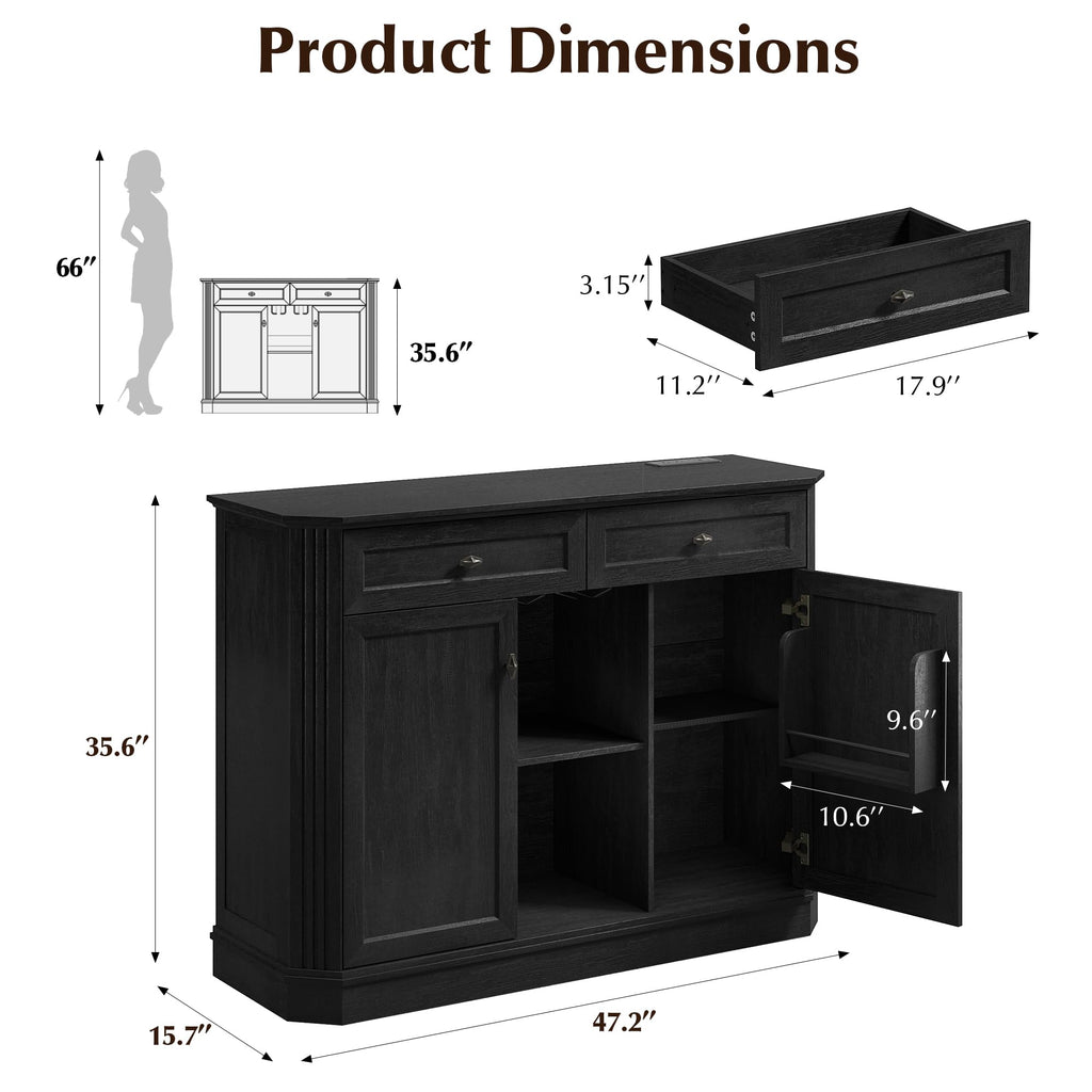 47" Wine Bar Cabinet with LED Light & Power Outlets, 2 Door Coffee Bar Cabinet with 2 Drawers, Sideboard Buffet Cabinet with Storage, Liquor Cabinet for Home Bar, Kitchen Living Room, Walnut Brown