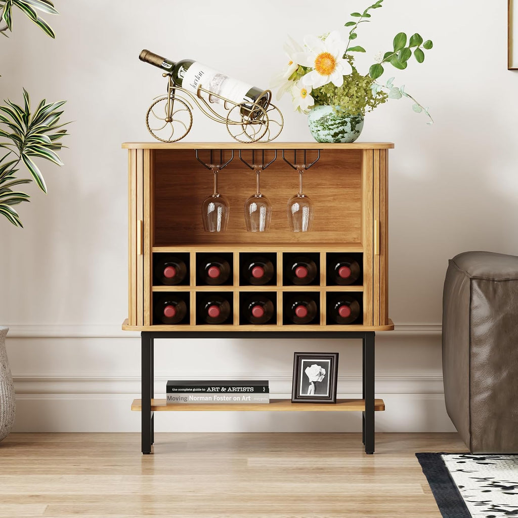 36'' Fluted Wine Bar Cabinet with Storage & Sliding Door Oak