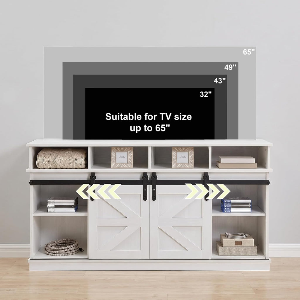 58" Farmhouse TV Stand with Sliding Barn Doors for TVs up to 65 Inch, Entertainment Center with Adjustable Shelves, Wood Media Console Storage Cabinet for Living Room Bedroom, White
