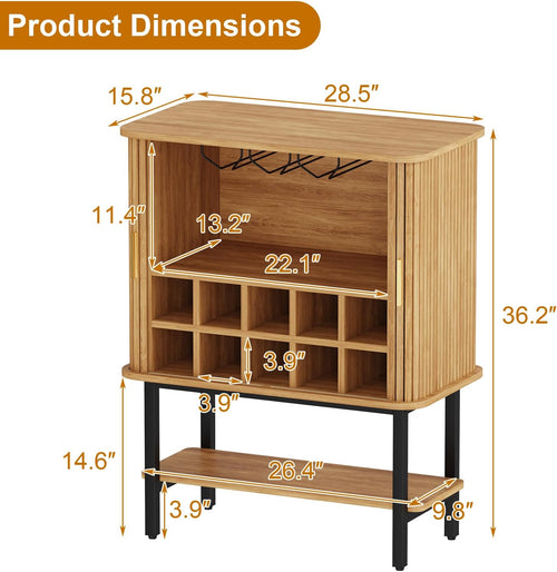 36'' Fluted Wine Bar Cabinet with Storage & Sliding Door Oak