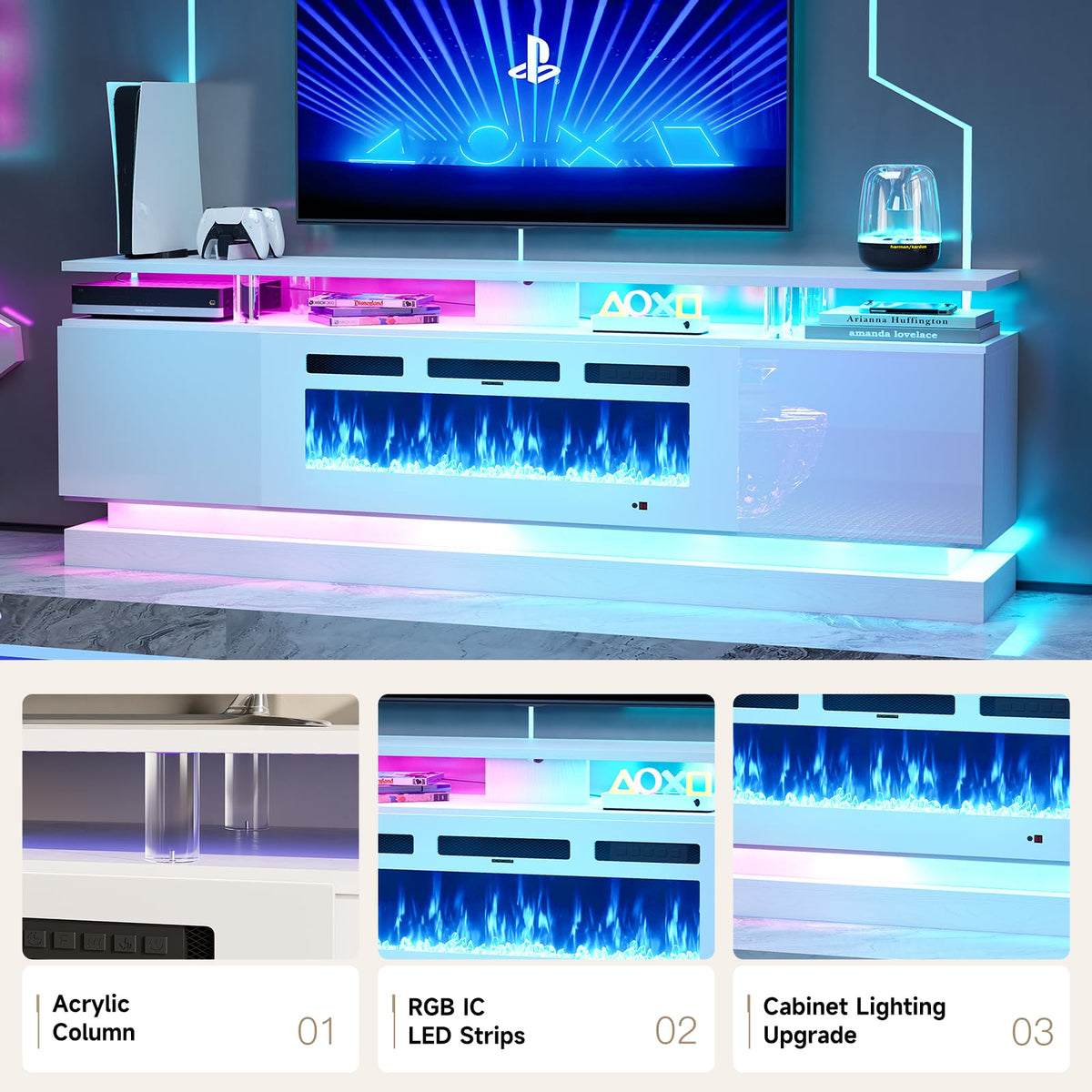 70" Fireplace TV Stand, Modern Entertainment Center