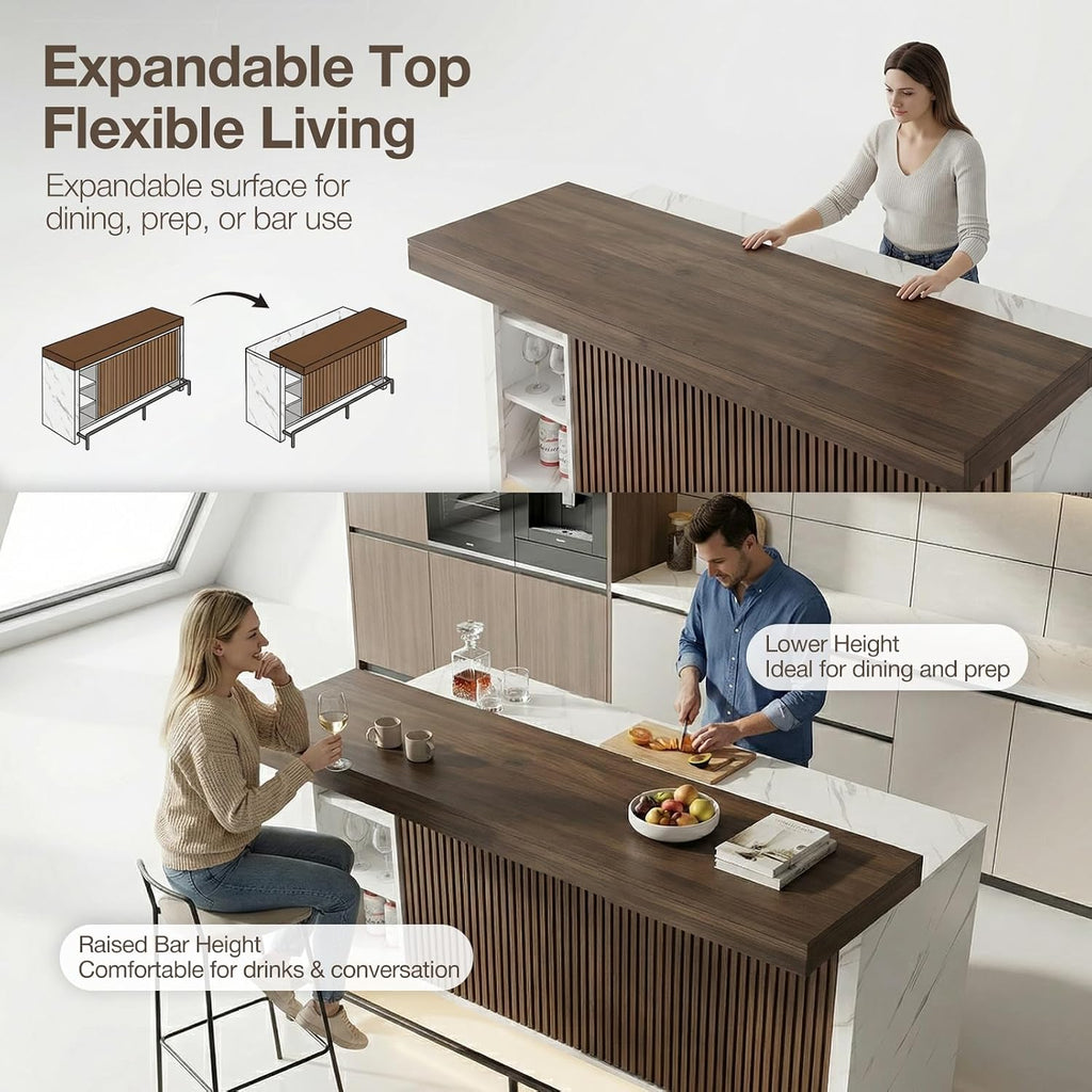 62" Sliding Top Expandable Bar Table, Counter Height Home Bar Cabinet