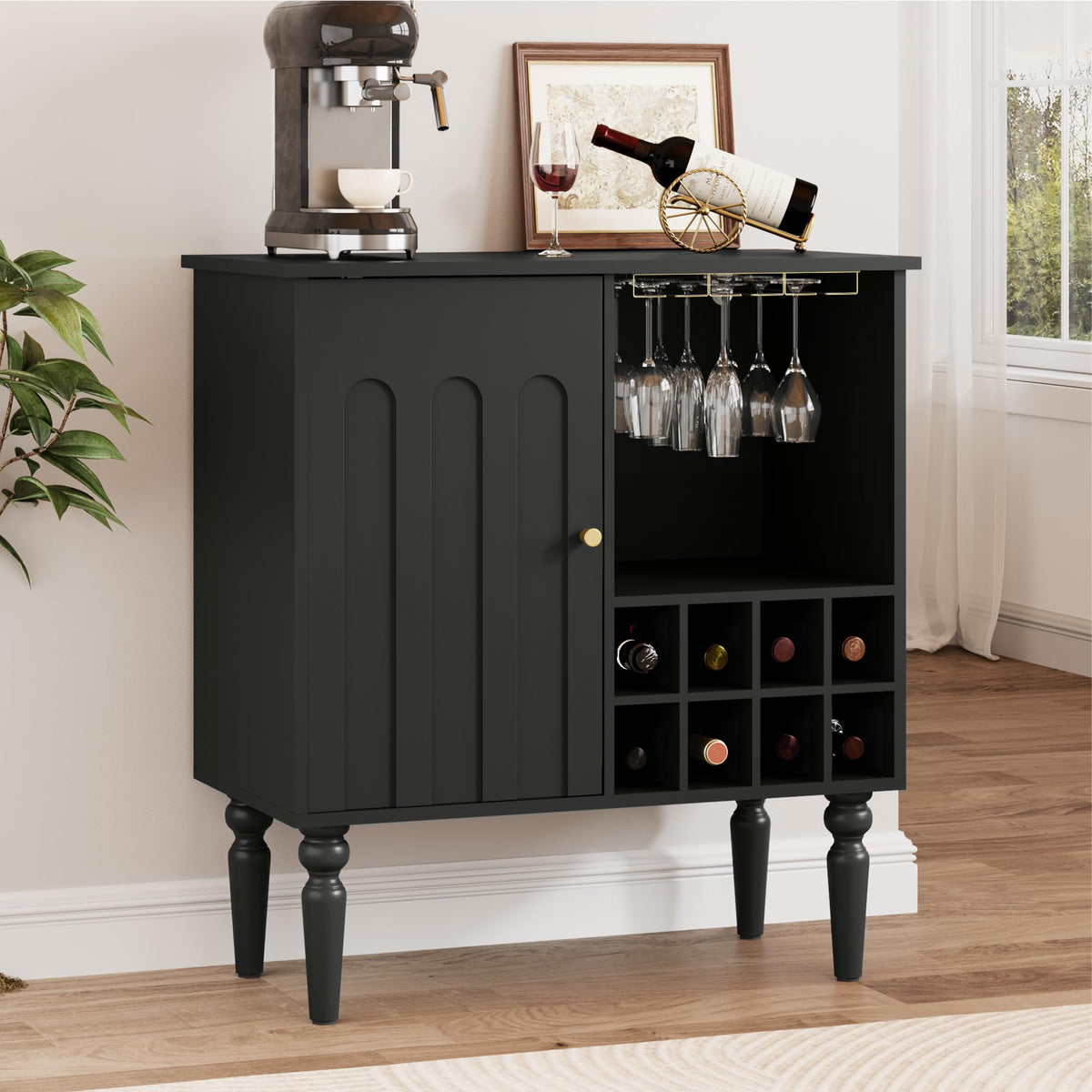 Arched Fluted Coffee Bar Cabinet with Storage& Wine Racks, Green