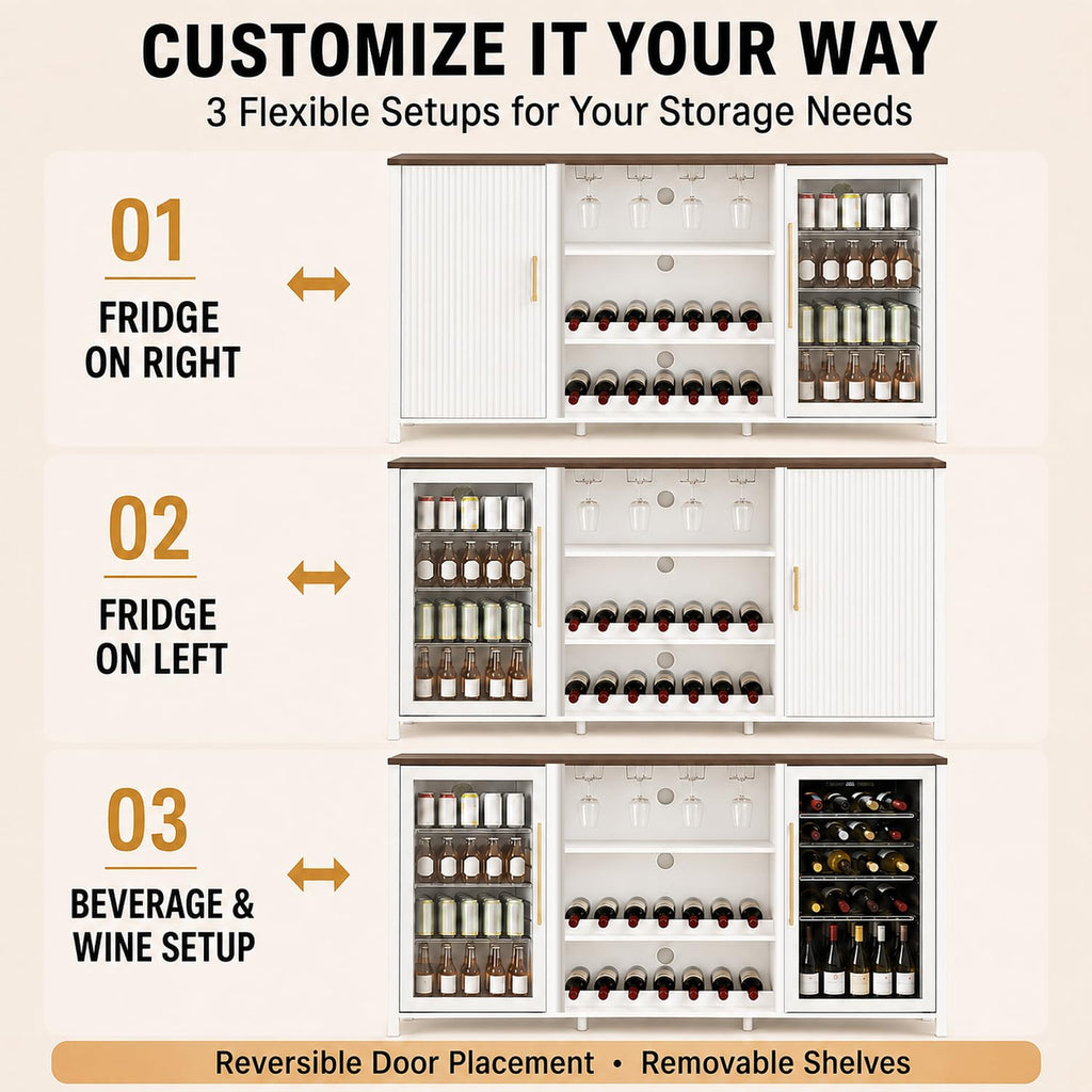 70" Large Coffee Bar Cabinet with Power Outlet, Mini Fridge Cabinet with Adjustable Shelf Wine Rack Glass Holder Liquor Wine Storage, Walnut Fluted Buffet Sideboard Table for Kitchen Dining Room