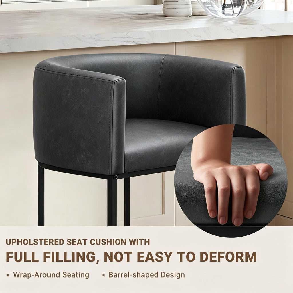 26" H Counter Height Bar Stools Set of 2, Modern Barrel Counter Stools with Backrest and Arms, Linen Fabric Upholstered Accent Barstools for Kitchen Island,Support 450 LBS (Beige)