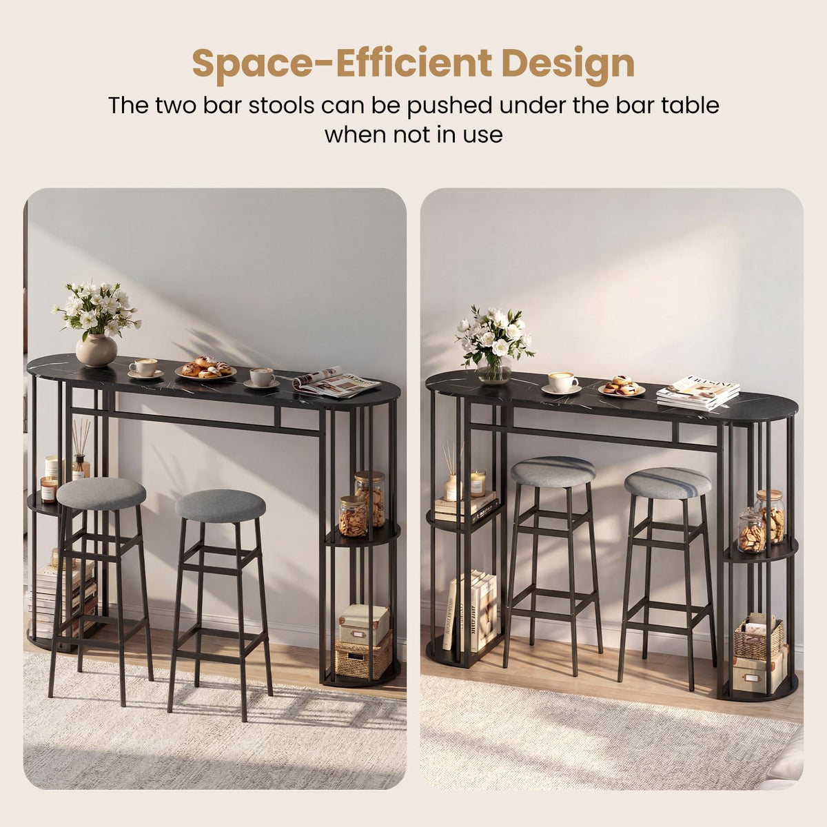 COSTWAY Bar Table Set for 2 with Storage Shelves, Bar Height Dining Set