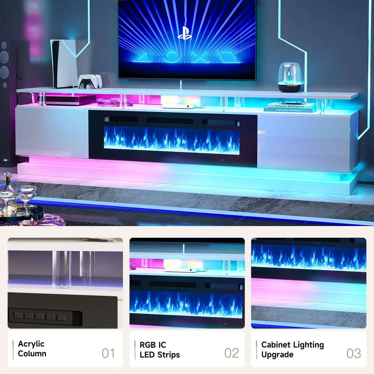 70" Fireplace TV Stand, Modern Entertainment Center
