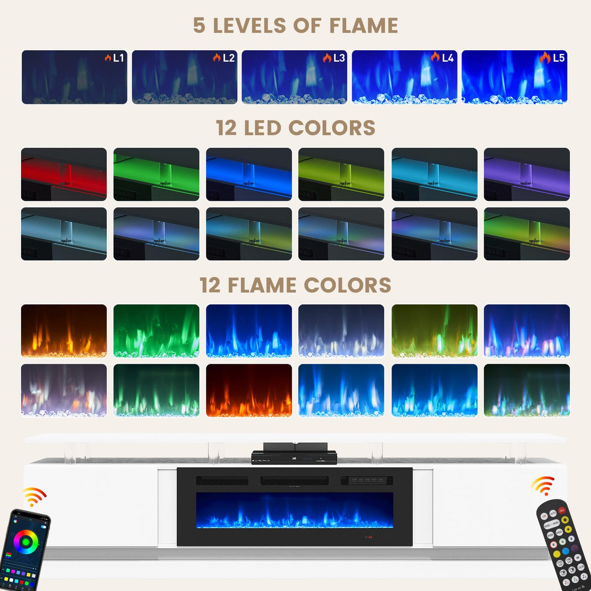 70" Fireplace TV Stand, Modern Entertainment Center