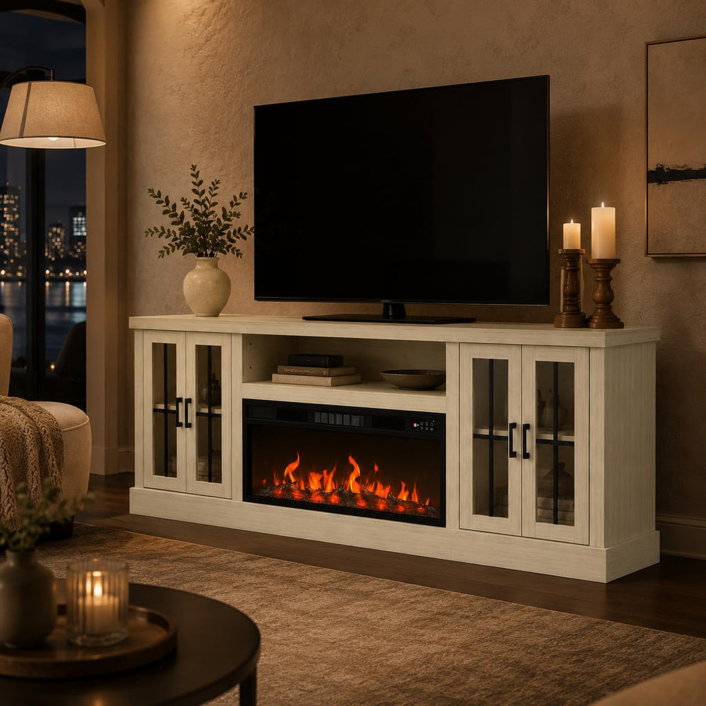 White Farmhouse TV Stand, Entertainment Center, 98" Wall Unit Media Console with Bookshelf, Cabinet & Power Outlets & Barn Doors, Fits TVs Up to 75â for Living Room