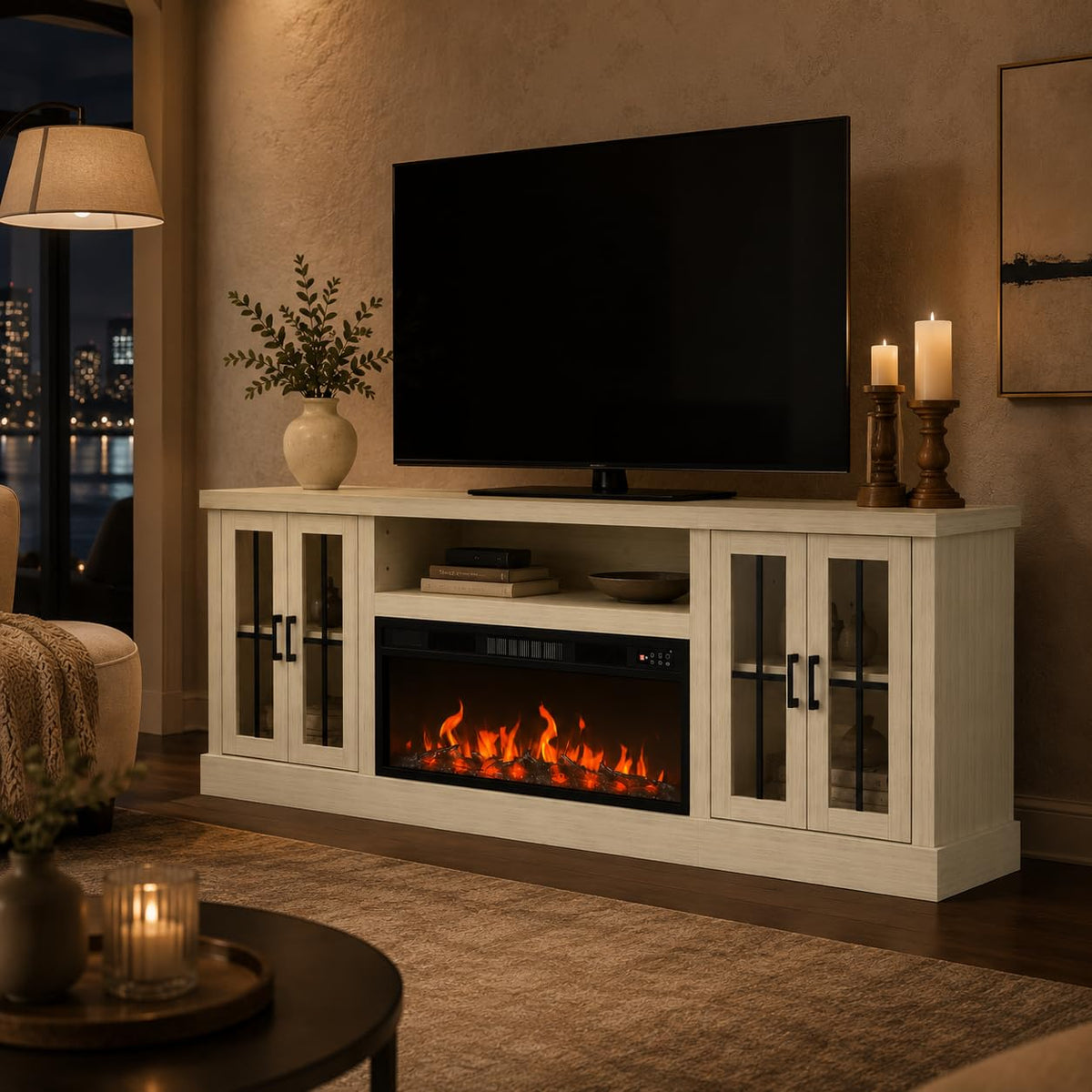 White Farmhouse TV Stand, Entertainment Center, 98" Wall Unit Media Console with Bookshelf, Cabinet & Power Outlets & Barn Doors, Fits TVs Up to 75â for Living Room